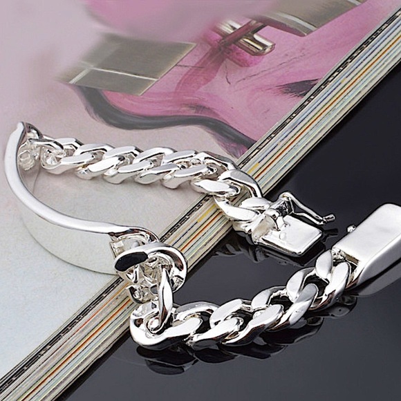 Nameplate ID Tag Sterling Silver Chain Link Curb Cuban Bracelet - Picture 9 of 12